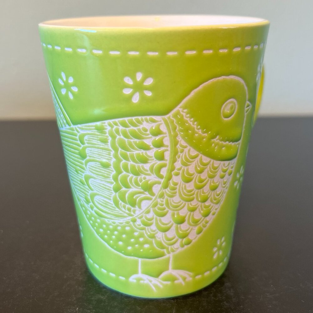 NOW DESIGNS Green Engraved Incised Partridge Dove Bird  Leaf Floral Cup Mug